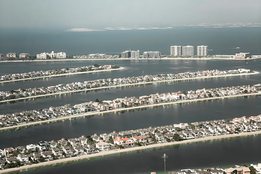 Aerial view of palm island fronds lined with villas