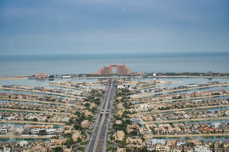 Aerial view over a Dubai palm island