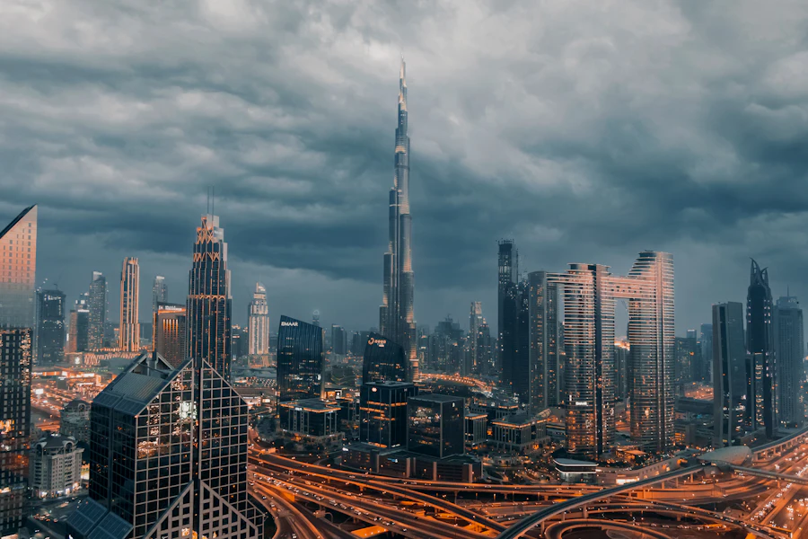 Burj Khalifa and Downtown Dubai under dramatic clouds
