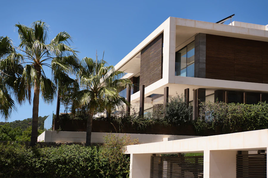 Modern luxury villa among palm trees