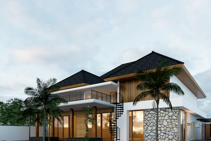 Villa with pitched roofs and palm trees